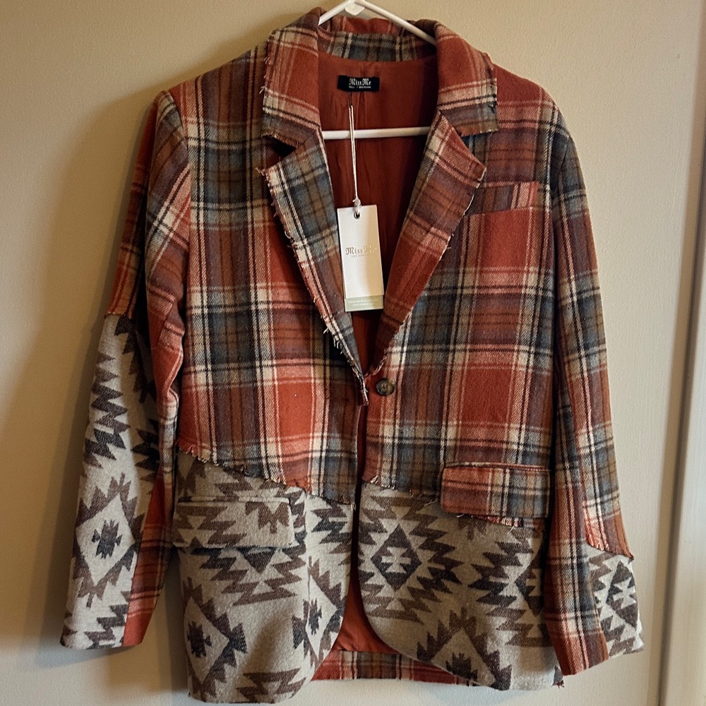 Miss Me Orange and fall toned aztek/plaid Blazer